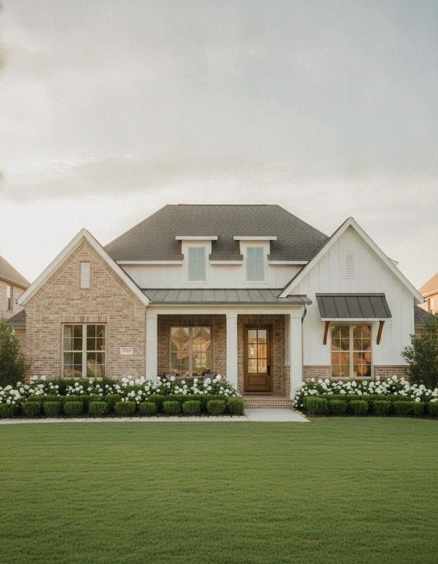 A sunlit modern farmhouse home exterior in a North Texas suburb, seen through a paned window frame