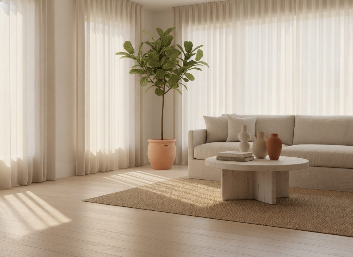 A bright airy living room corner with pale oak floors and morning sunlight through tall windows