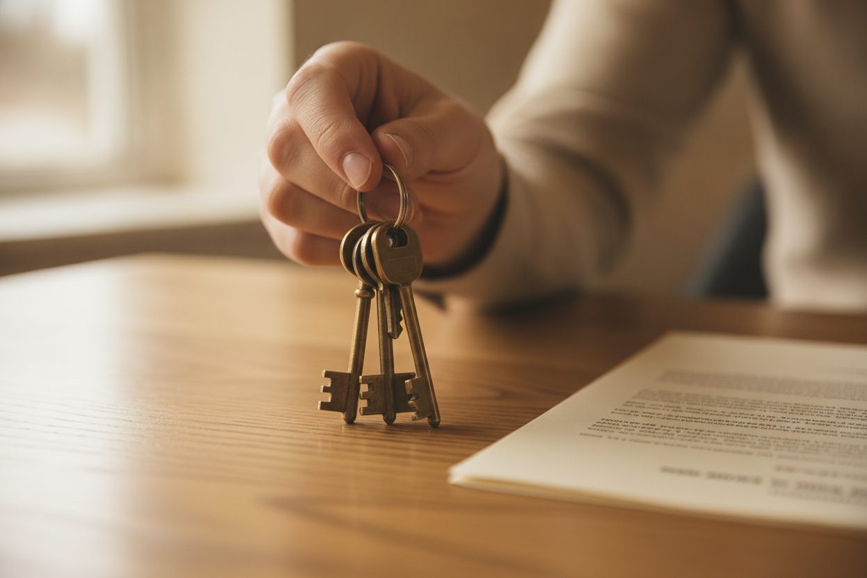 A hand holding a small ring of house keys over an oak table beside closing paperwork