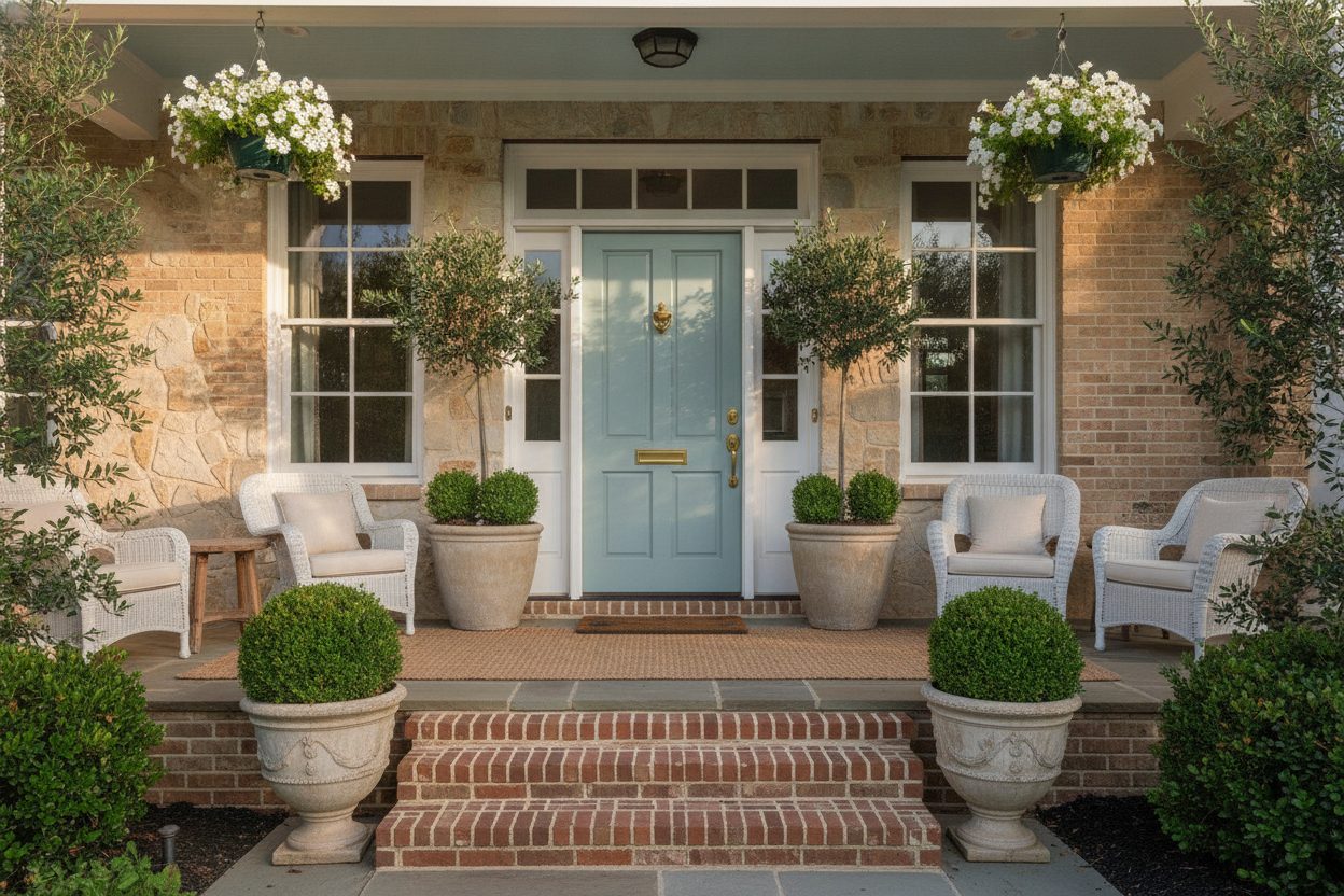 A welcoming front porch and painted front door of a North Texas home in warm afternoon light
